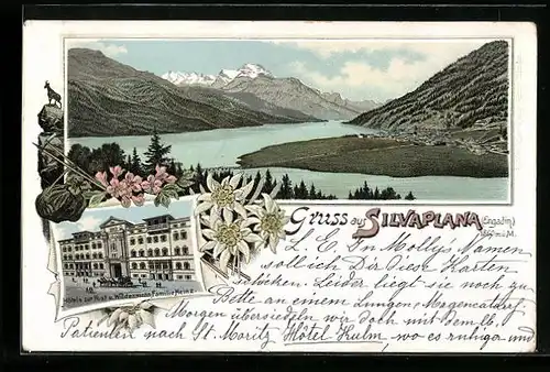 Lithographie Silvaplana, Hôtel zur Post und Wildenmann von Familie Heinz, Seepanorama