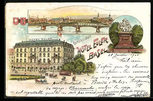 Lithographie Basel, Hotel Euler mit Strasse, Ortspanorama mit Brücke