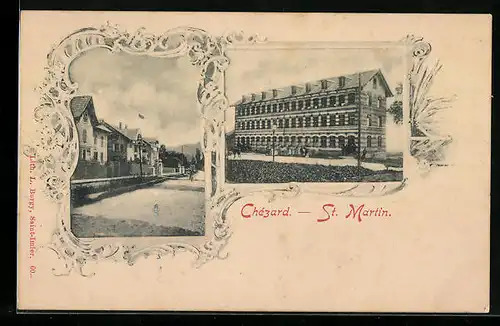 Passepartout-AK Chézard-St. Martin, Strassenpartie, Grosses Gebäude