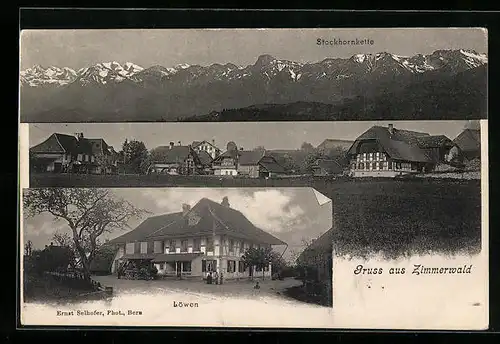 AK Zimmerwald, Gasthof Löwen, Ortspanorama, Stockhornkette