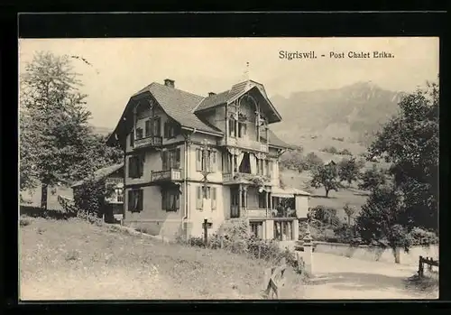 AK Sigriswil, Post Chalet Erika mit Strasse und Umgebung