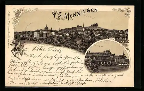 Lithographie Menzingen, Ortspartie mit Kirche und Anlagen, Gesamtansicht