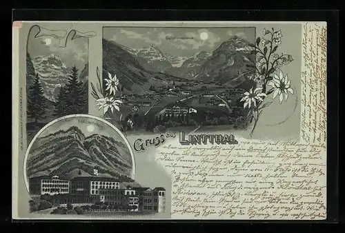 Mondschein-Lithographie Linthal, Bad Stachelberg, Gesamtansicht, Tödi