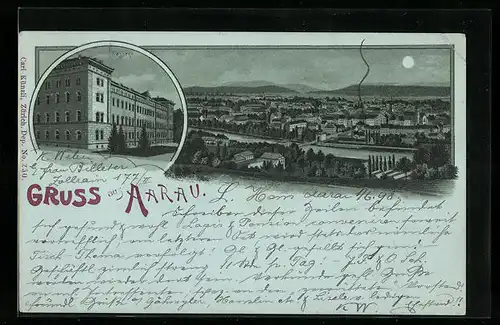 Mondschein-Lithographie Aarau, Kaserne, Ortsansicht mit Brücke