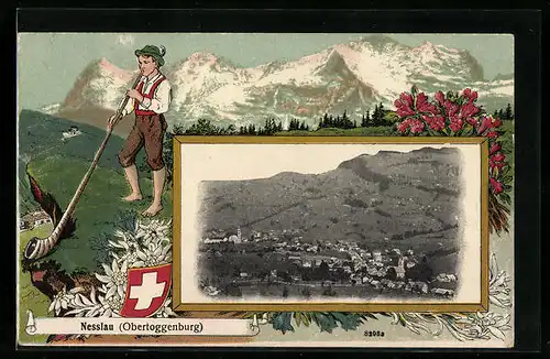 Passepartout-Lithographie Nesslau /Obertoggenburg, Gesamtansicht, Alphornbläser vor Bergkulisse, Wappen