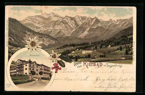 Lithographie Rietbad im Toggenburg, Kuranstalt, Totalansicht