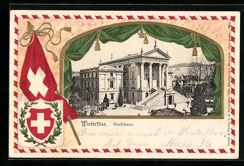 Passepartout-Lithographie Winterthur, Stadthaus aus der Vogelschau, Schweizer Fahne und Wappen
