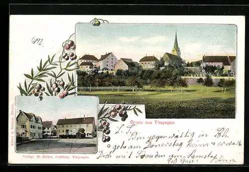 Passepartout-AK Thayngen, Ortspartie, Ortspanorama mit Kirche