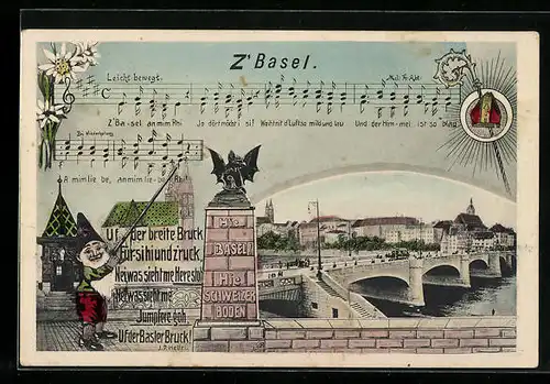 Passepartout-AK Basel, Lied Z` Basel, Zwerg und Basler Brücke, Bischofsstab und Mitra