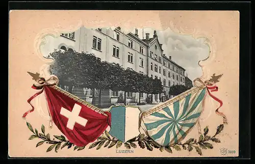 Passepartout-Lithographie Luzern, Caserne, Wappen und Fahnen