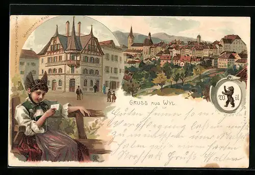 Künstler-AK Wyl, Gasthaus Wirtschaft zur Rose, Wylerin, Ortsansicht, Wappen