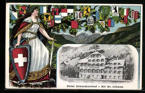 Passepartout-AK Alt-St. Johann, Hotel Schweizerhof, Helvetia mit Schweizer Wappen