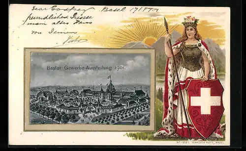 Passepartout-Lithographie Basel, Baseler Gewerbe-Ausstellung 1901, Festgelände von oben, Helvetia mit Wappenschild