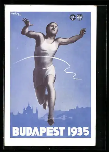 Künstler-AK Budapest, VI. Akademische internationale Spiele 1935, Läufer im Ziel