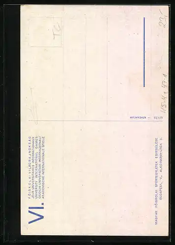 Künstler-AK Budapest, VI. Akademische internationale Spiele 1935, Läufer im Ziel