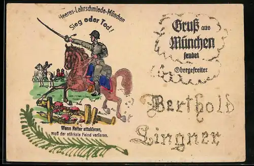 AK München, Heeres-Lehrschmiede, Winzererstrasse, Kavallerist Obergefreiter Berthold Lingner