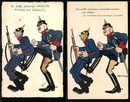 Künstler-AK Handgemalt: Un souffle patriotique irresistible entraine nos soldats, incl. Verlagskartenvorlage
