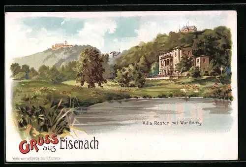 Lithographie Eisenach, Villa Reuter mit Wartburg