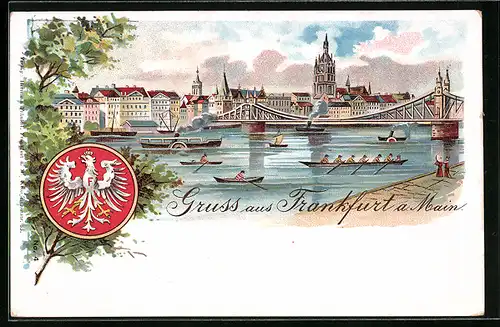 Lithographie Frankfurt a. M., Stadtpanorama mit Dampfer und Sportruderboot, Wappen