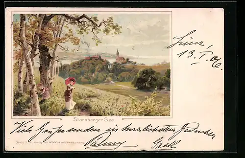 Künstler-AK Starnberg, Frau mit Sonnenschirm im Blumenfeld