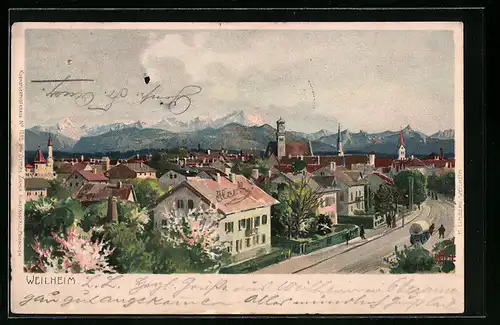 Künstler-AK Zeno Diemer: Weilheim, Blick auf die Dächer der Stadt mit Gebirgspanorma