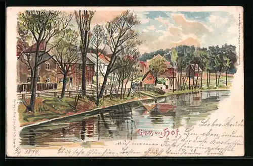 Lithographie Hof, Strassenpartie am Fluss