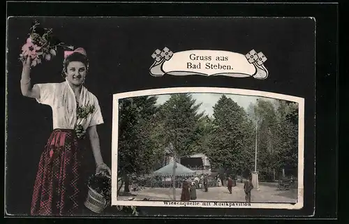 AK Bad Steben, Junge Frau mit Blumen, Wiesenquelle mit Musikpavillon