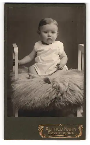 Fotografie Alfred Hahn, Oberfrohna, unbeeindrucktes Baby in weissem Hemdchen auf Pelz