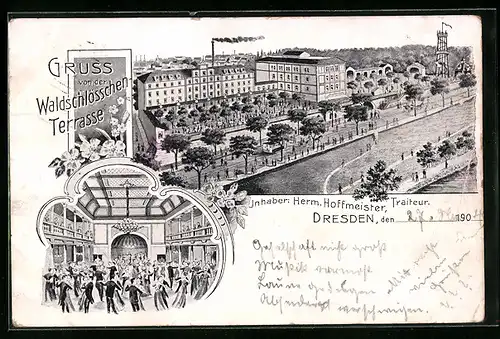 Lithographie Dresden-Neustadt, Gasthaus Waldschlösschen-Terrasse, Innenansicht