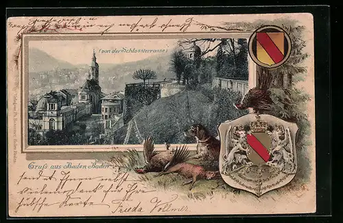 Passepartout-Lithographie Baden baden, Ortspartie mit Kirche von der Schlossterrasse, Wappen