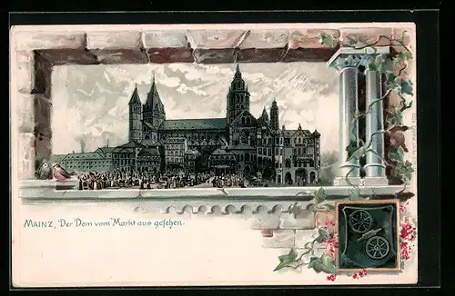 Passepartout-Lithographie Mainz, Der Dom vom Markt aus gesehen, Wappen