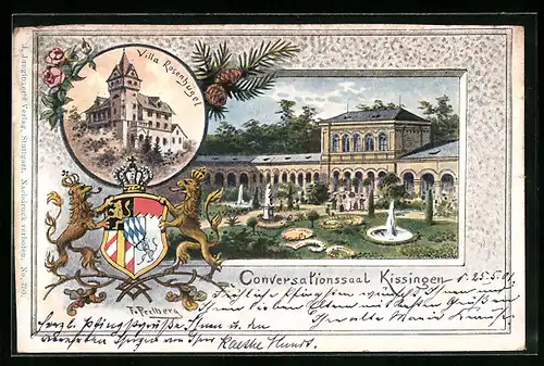 Passepartout-Lithographie Kissingen, Converstionssaal, Villa Rosenhügel, Wappen