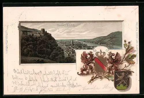 Passepartout-Lithographie Heidelberg, Ortspartie und Wappen