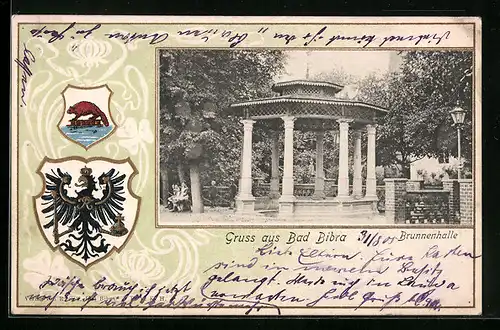 Passepartout-Lithographie Bad Bibra, Brunnenhalle, Wappen