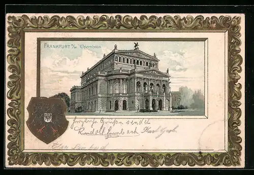 Passepartout-Lithographie Frankfurt am Main, Strassenpartie vor dem Opernhaus, Wappen