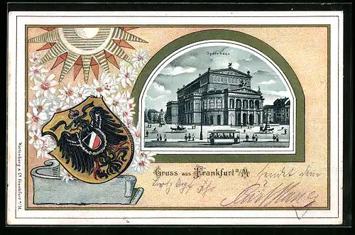 Passepartout-Lithographie Frankfurt a. M., Opernhaus mit Strassenbahn, Wappen