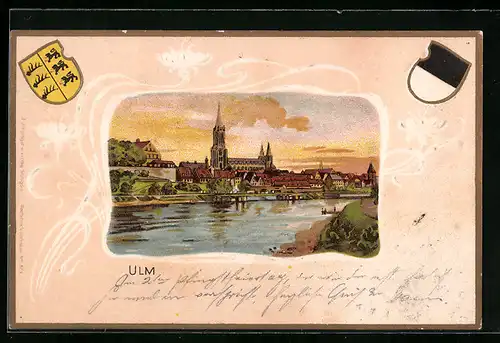 Passepartout-Lithographie Ulm, Uferpartie mit Kirche, Wappen