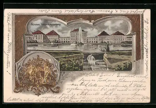 Passepartout-Lithographie München, Schloss Nymphenburg mit Fontäne, Wappen