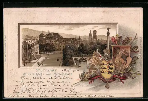 Passepartout-Lithographie Stuttgart, altes Schloss mit Schlossplatz