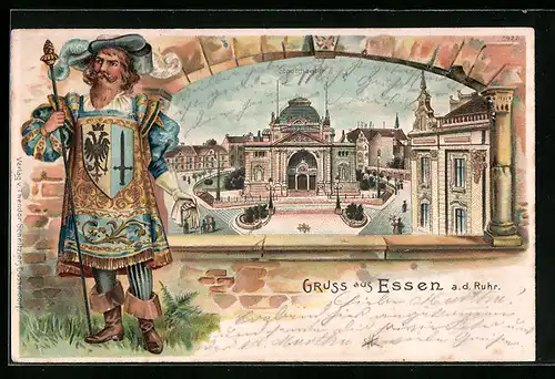 Passepartout-Lithographie Essen a. d. Ruhr, Stadttheater aus der Vogelschau, Zeremonienmeister mit Wappen