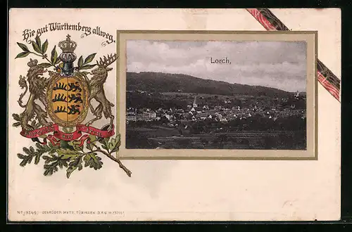 Passepartout-Lithographie Lorch /Württemberg, Teilansicht, Wappen