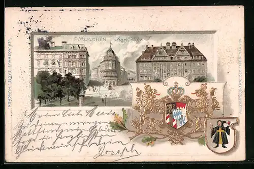 Passepartout-Lithographie München, Karlsplatz mit Strassenbahn, Wappen
