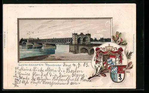 Passepartout-Lithographie Ludwigshafen, Rheinbrücke, Wappen