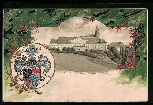 Passepartout-Lithographie Staffelstein, Schloss Banz im Mainthal, Wappen