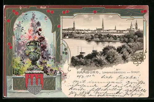 Passepartout-Lithographie Hamburg-Neustadt, Lombardsbrücke mit Stadt, Wappen