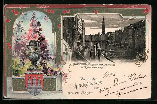 Passepartout-Lithographie Hamburg, Fleet b. d. Reimersbrücke mit Katharinenkirche, Wappen