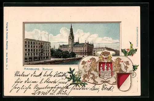 Passepartout-Lithographie Hamburg, Alsterpavillon von Hermann Heinze, Rathaus, Wappen