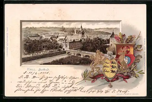 Passepartout-Lithographie Hall, Soolbad, Wappen