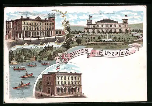 Lithographie Elberfeld, Reichsbank, Zoologischer Garten, Hauptpostamt