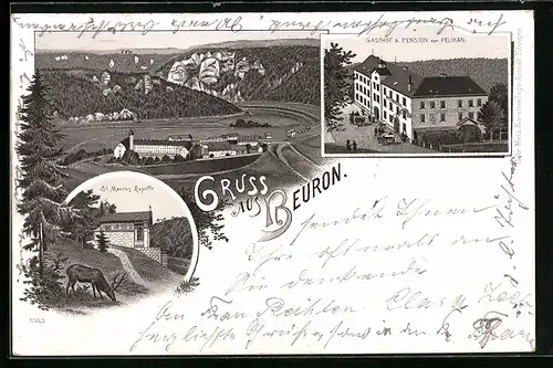 Lithographie Beuron, Ortsansicht, Gasthof zur Sonne, St. Maurus Kapelle